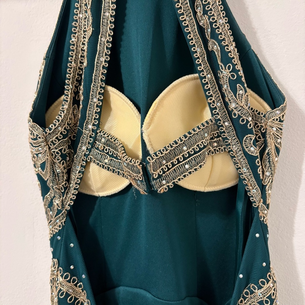 Xscape Halter Neck Gold Lace Bodice Mermaid Green Prom Dress Sz 0 - Picture 5 of 8